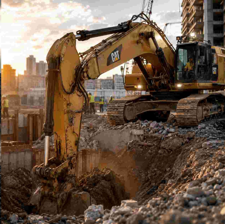 Excavadora Caterpillar en obra de construcción